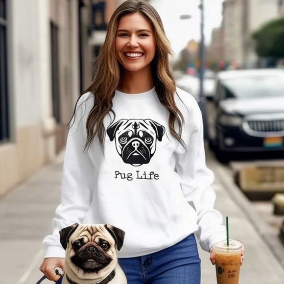 Pug Life Dog Funny Fleece Oversized Sweatshirt Pull Over Crew Neck - Picture 5 of 5